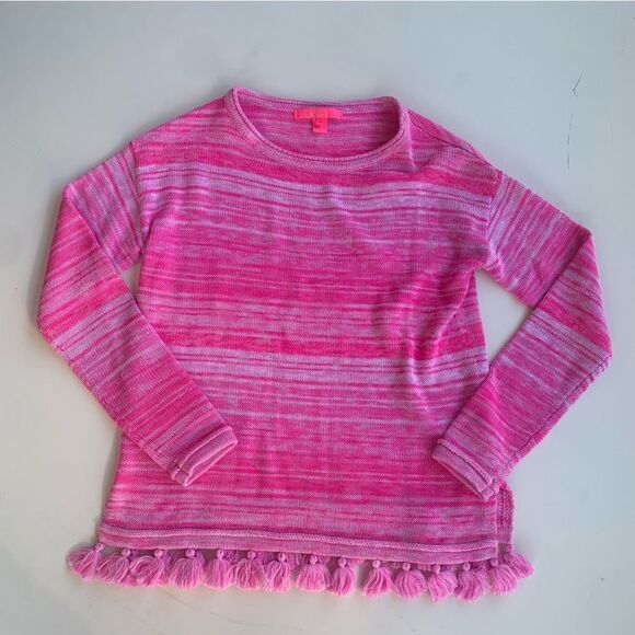 LILLY PULITZER Jody Relaxed Shoulder Sweater Sz XS Plumeria Pink Stripe Tassel - Picture 1 of 12